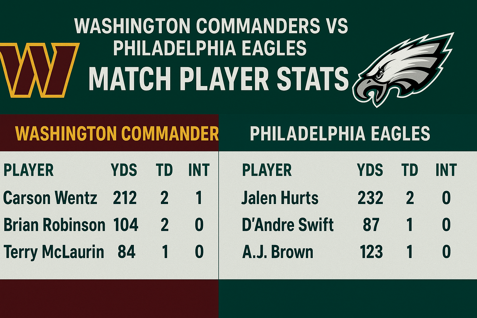 Washington Commanders vs Philadelphia Eagles Match Player Stats